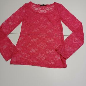 Together Womens Blouse Pink Floral Long Sleeve Scoop Neck Stretch Sheer Medium